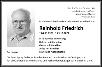 Traueranzeige von Reinhold Friedrich von Fränkische Nachrichten