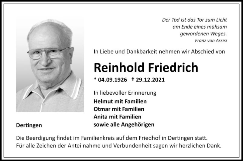  Traueranzeige für Reinhold Friedrich vom 31.12.2021 aus Fränkische Nachrichten
