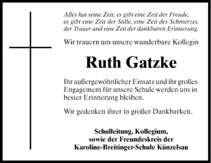  Traueranzeige für Ruth Gatzke vom 03.12.2021 aus Fränkische Nachrichten