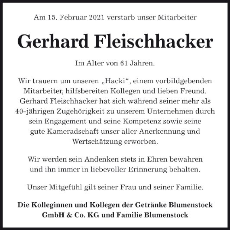  Traueranzeige für Gerhard Fleischhacker vom 19.02.2021 aus Fränkische Nachrichten