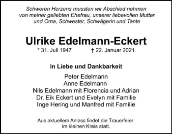 Traueranzeige von Ulrike Edelmann-Eckert von Mannheimer Morgen