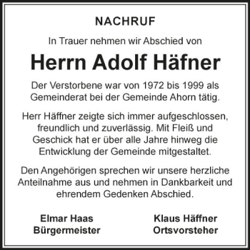 Traueranzeige von Adolf Häfner von Fränkische Nachrichten