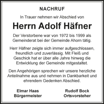 Traueranzeige von Adolf Häfner von Fränkische Nachrichten