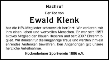 Traueranzeige von Ewald Klenk von Schwetzinger Zeitung
