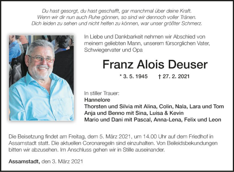  Traueranzeige für Franz Alois Deuser vom 03.03.2021 aus Fränkische Nachrichten