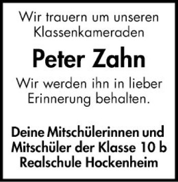 Traueranzeige von Peter Zahn von Schwetzinger Zeitung