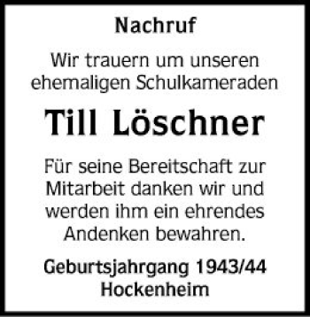 Traueranzeige von Till Löschner von Schwetzinger Zeitung