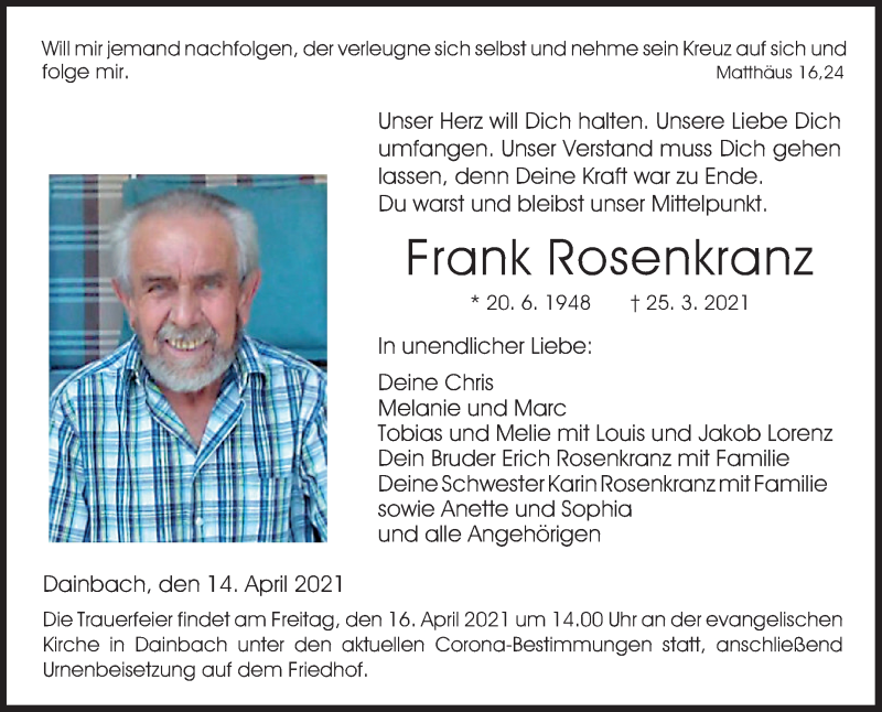  Traueranzeige für Frank Rosenkranz vom 14.04.2021 aus 