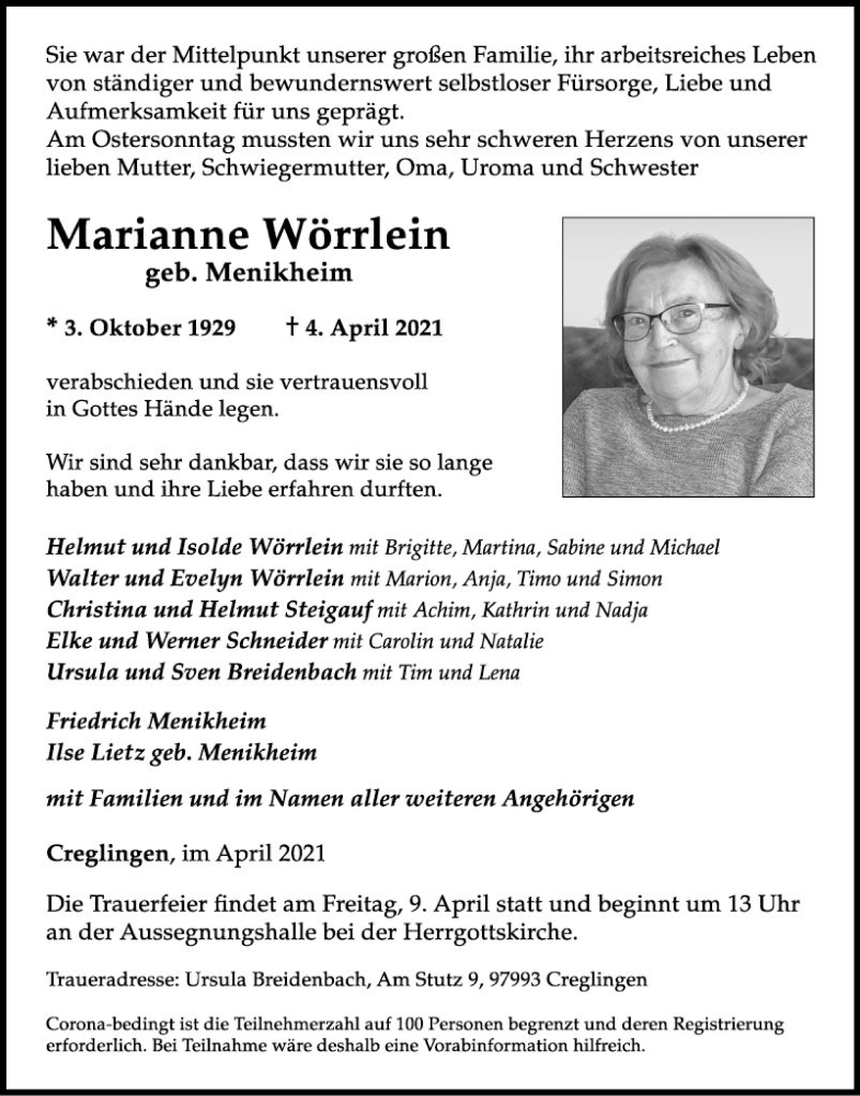  Traueranzeige für Marianne Wörrlein vom 07.04.2021 aus Fränkische Nachrichten