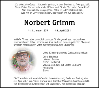 Traueranzeige von Norbert Grimm von Mannheimer Morgen