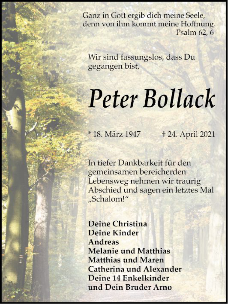  Traueranzeige für Peter Bollack vom 30.04.2021 aus Mannheimer Morgen