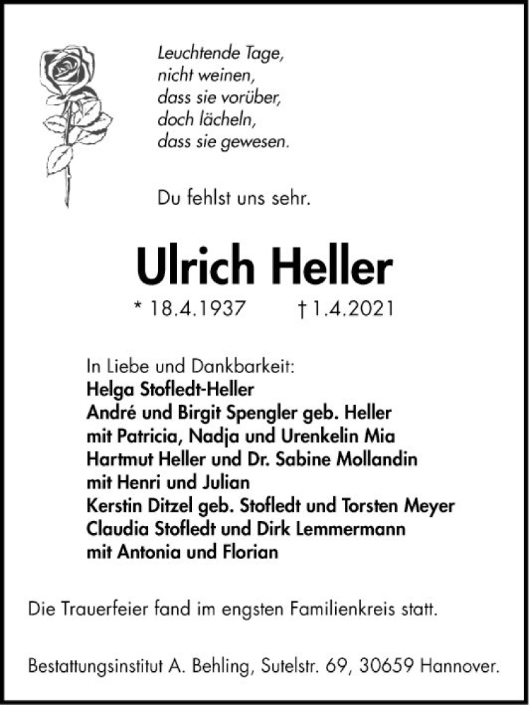  Traueranzeige für Ulrich Heller vom 10.04.2021 aus Bergsträßer Anzeiger