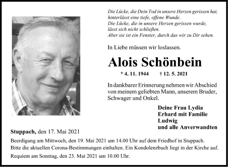  Traueranzeige für Alois Schönbein vom 17.05.2021 aus Fränkische Nachrichten