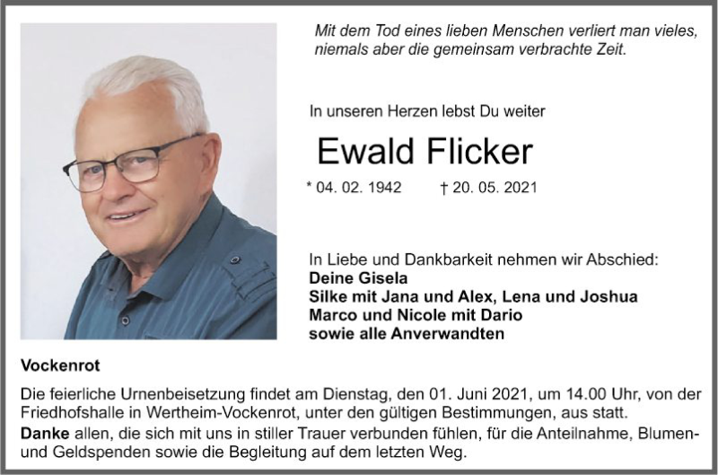  Traueranzeige für Ewald Flicker vom 27.05.2021 aus Fränkische Nachrichten