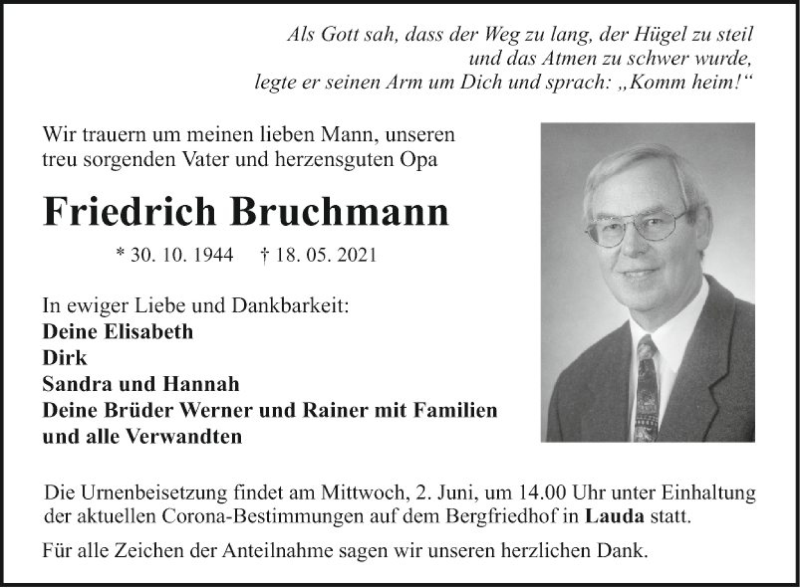  Traueranzeige für Friedrich Bruchmann vom 28.05.2021 aus Fränkische Nachrichten