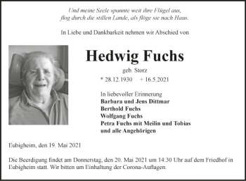 Traueranzeige von Hedwig Fuchs von Fränkische Nachrichten