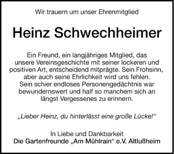 Traueranzeige von Heinz Schwechheimer von Schwetzinger Zeitung