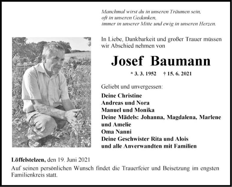  Traueranzeige für Josef Baumann vom 19.06.2021 aus Fränkische Nachrichten
