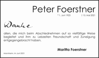 Traueranzeige von Peter Foerstner von Mannheimer Morgen