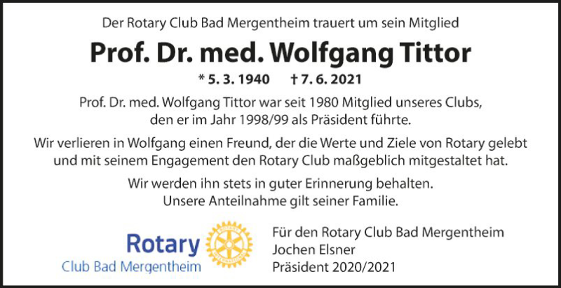  Traueranzeige für Wolfgang Tittor vom 12.06.2021 aus Fränkische Nachrichten