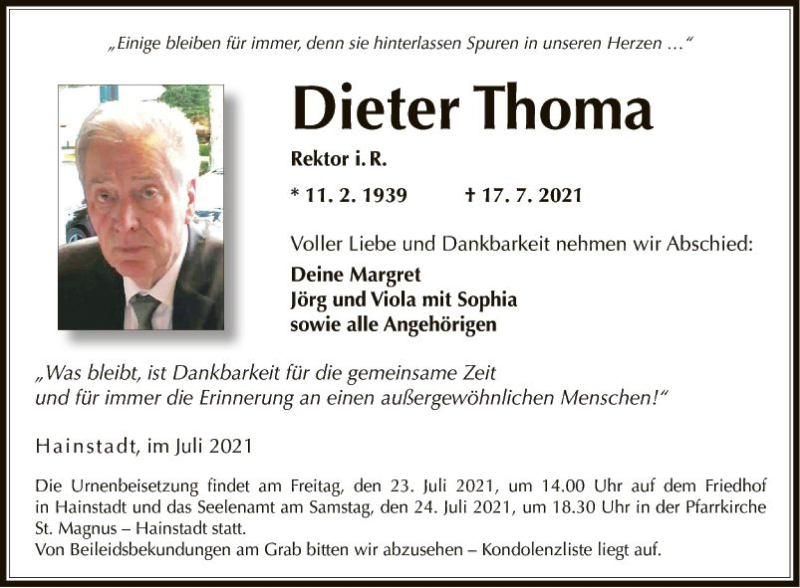  Traueranzeige für Dieter Thoma vom 21.07.2021 aus Fränkische Nachrichten