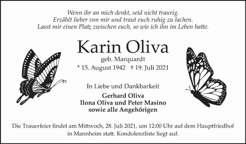  Traueranzeige für Karin Oliva vom 24.07.2021 aus Mannheimer Morgen