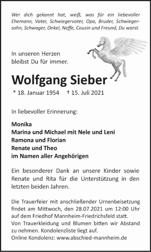  Traueranzeige für Wolfgang Sieber vom 24.07.2021 aus Mannheimer Morgen