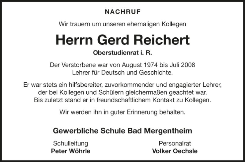  Traueranzeige für Gerd Reichert vom 03.08.2021 aus Fränkische Nachrichten