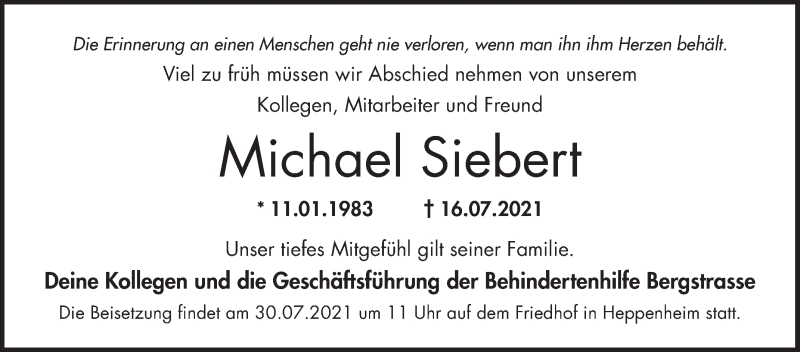  Traueranzeige für Michael Siebert vom 29.07.2021 aus Bergsträßer Anzeiger