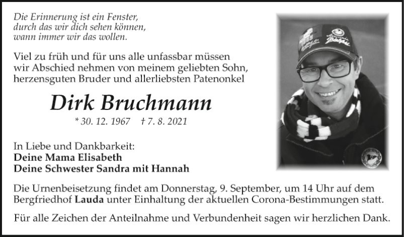 Traueranzeige für Dirk Bruchmann vom 02.09.2021 aus Fränkische Nachrichten