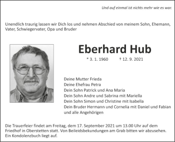 Traueranzeige von Eberhard Hub von Fränkische Nachrichten