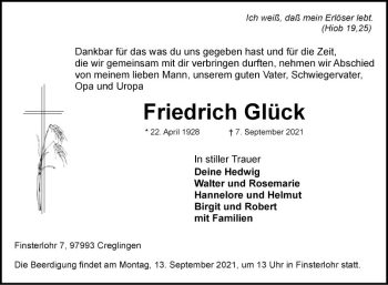 Traueranzeige von Friedrich Glück von Fränkische Nachrichten