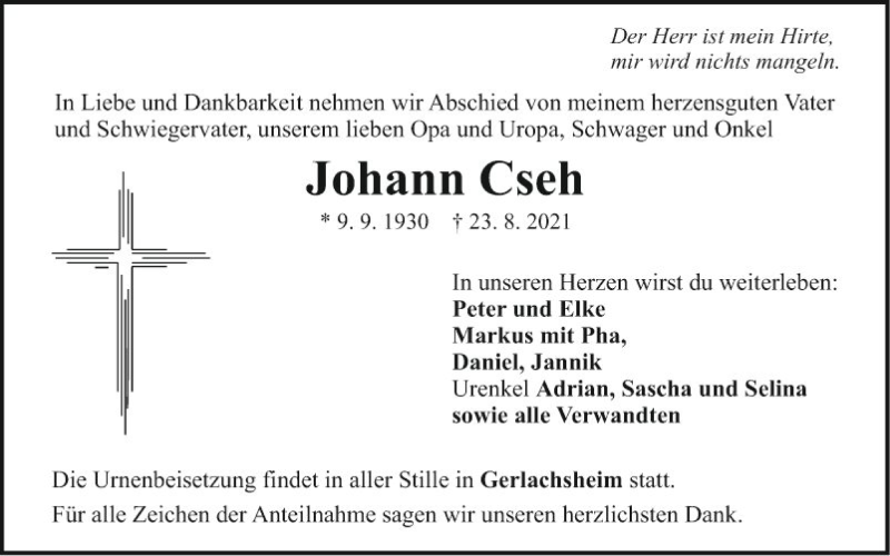  Traueranzeige für Johann Cseh vom 06.09.2021 aus Fränkische Nachrichten