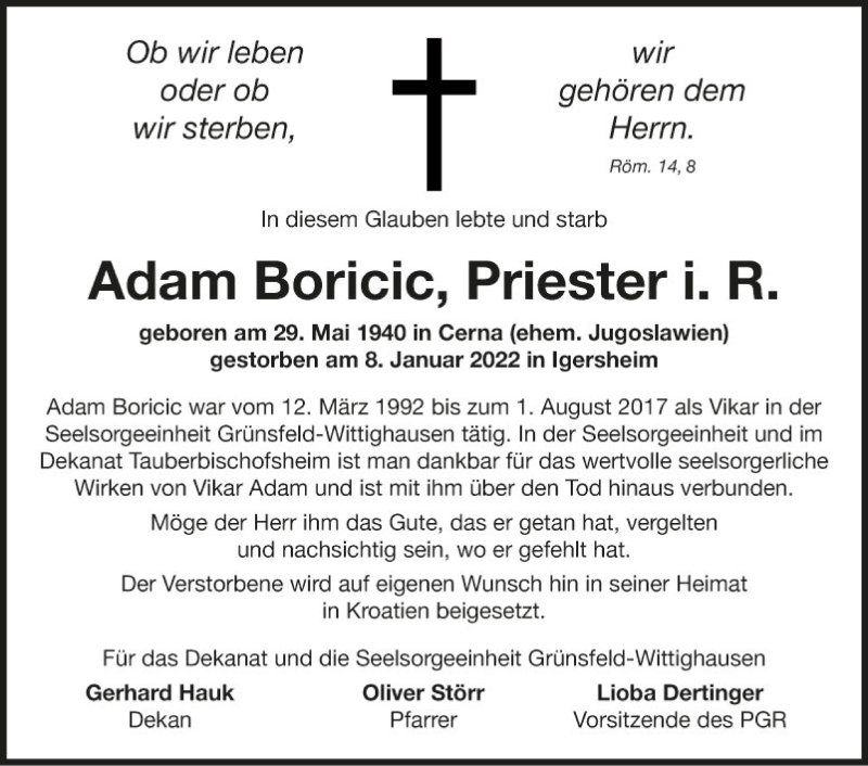  Traueranzeige für Adam Boricic vom 14.01.2022 aus Fränkische Nachrichten