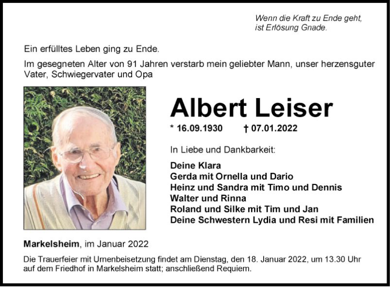  Traueranzeige für Albert Leiser vom 15.01.2022 aus Fränkische Nachrichten