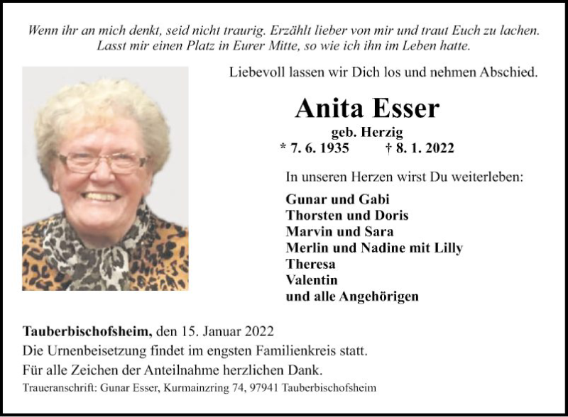  Traueranzeige für Anita Esser vom 15.01.2022 aus Fränkische Nachrichten