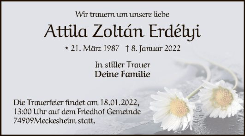  Traueranzeige für Attila Zoltan Erdelyi vom 15.01.2022 aus Mannheimer Morgen
