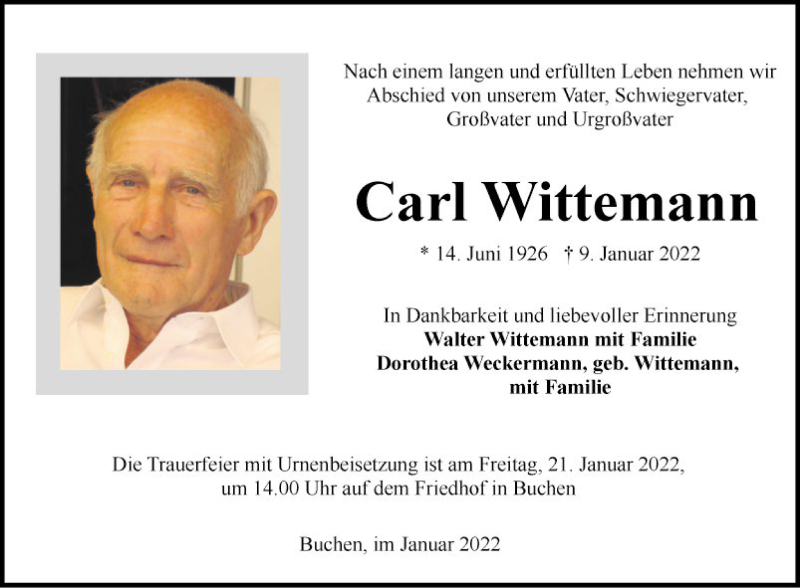  Traueranzeige für Carl Wittemann vom 13.01.2022 aus Fränkische Nachrichten