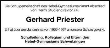 Traueranzeige von Gerhard Priester von Schwetzinger Zeitung