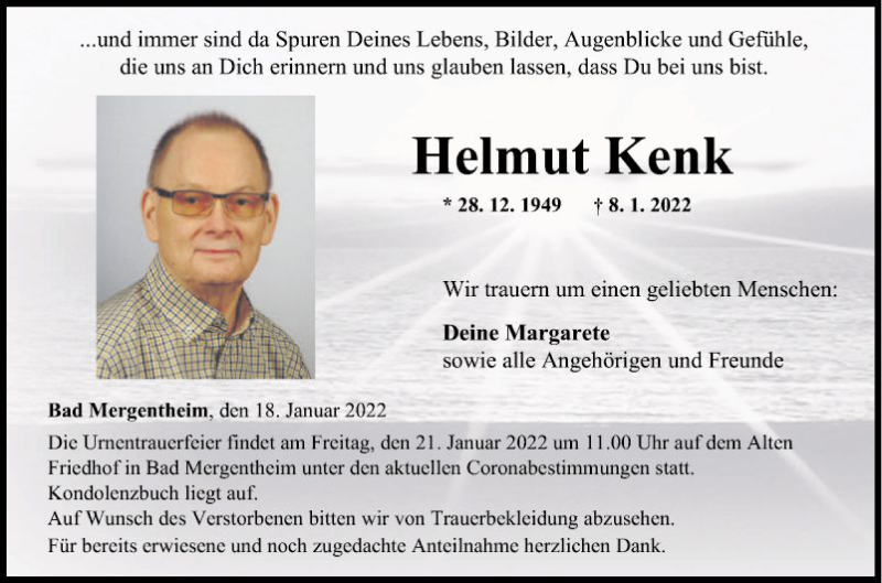  Traueranzeige für Helmut Kenk vom 18.01.2022 aus Fränkische Nachrichten