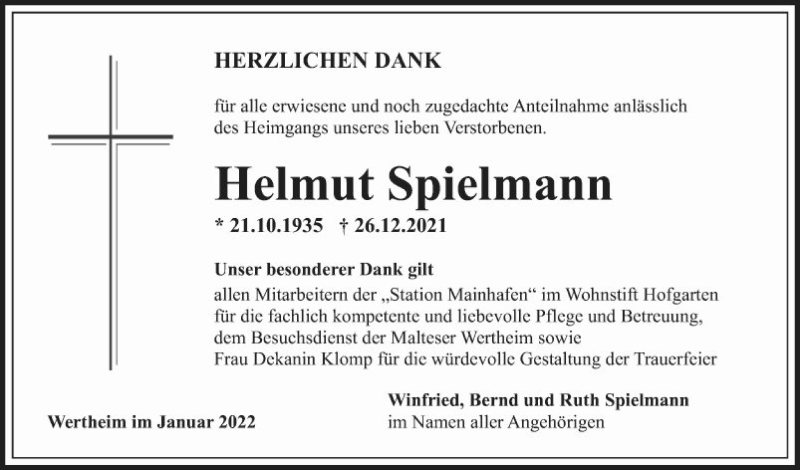  Traueranzeige für Helmut Spielmann vom 22.01.2022 aus Fränkische Nachrichten