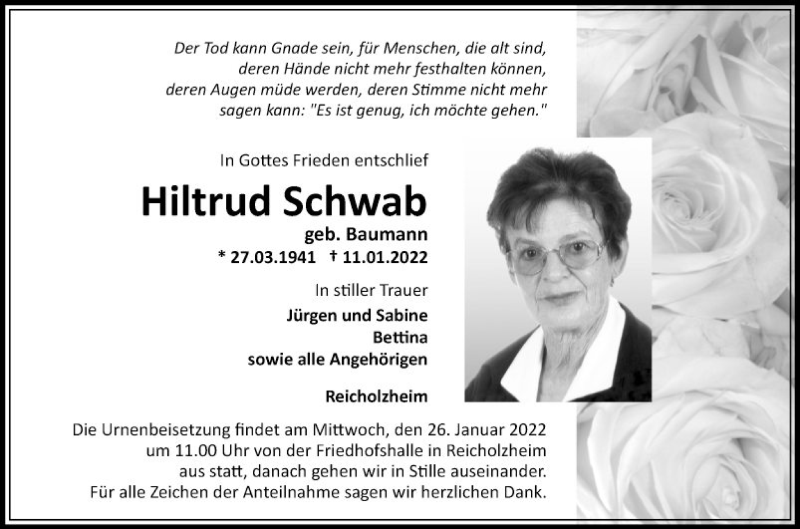  Traueranzeige für Hiltrud Schwab vom 15.01.2022 aus Fränkische Nachrichten