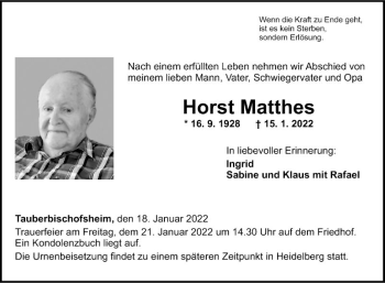 Traueranzeige von Horst Matthes von Fränkische Nachrichten