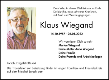 Traueranzeige von Klaus Wiegand von Bergsträßer Anzeiger