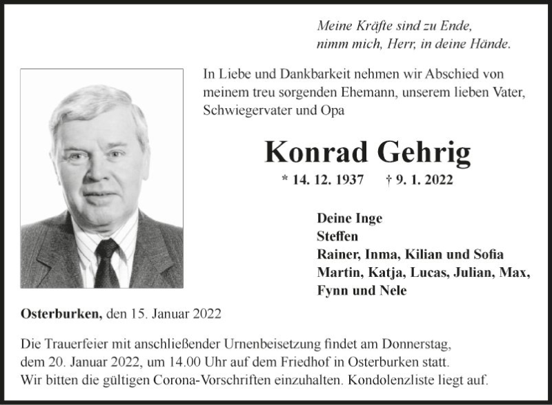  Traueranzeige für Konrad Gehrig vom 15.01.2022 aus Fränkische Nachrichten