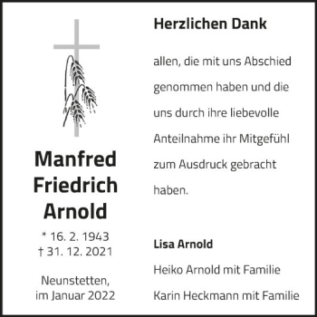 Traueranzeige von Manfred Arnold von Fränkische Nachrichten