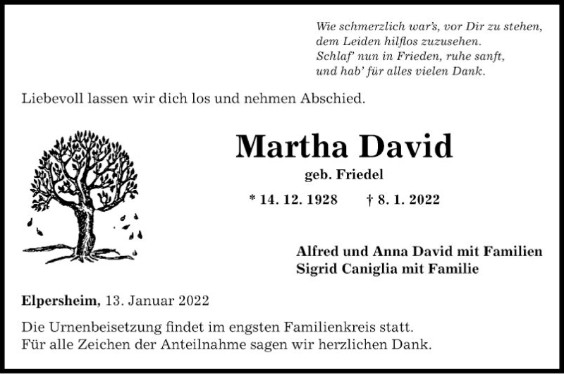  Traueranzeige für Martha David vom 13.01.2022 aus Fränkische Nachrichten