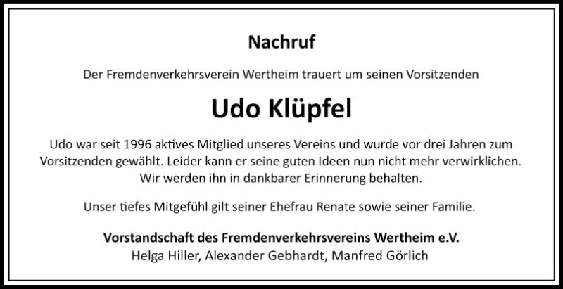  Traueranzeige für Udo Klüpfel vom 04.01.2022 aus Fränkische Nachrichten