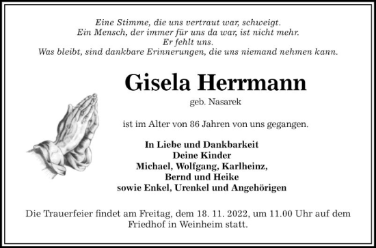 Traueranzeige von Gisela Herrmann von Mannheimer Morgen