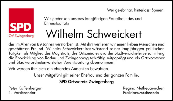 Traueranzeige von Wilhelm Schweickert von Bergsträßer Anzeiger